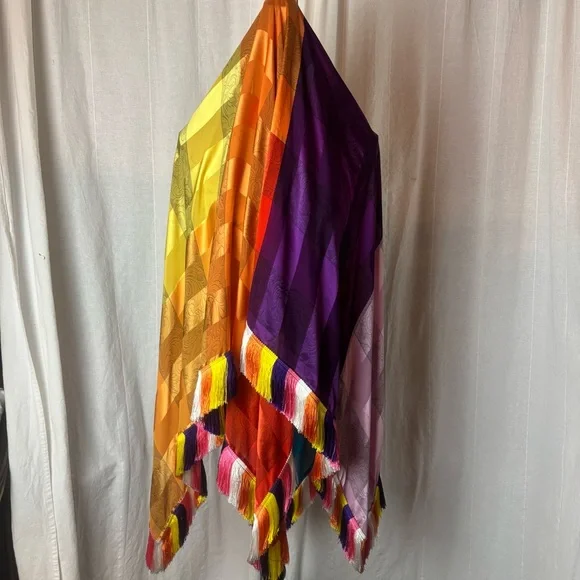 ETRO Silk Multicolor Scarf Fringe Colorblock Paisley 60” Square Boho Gypsy